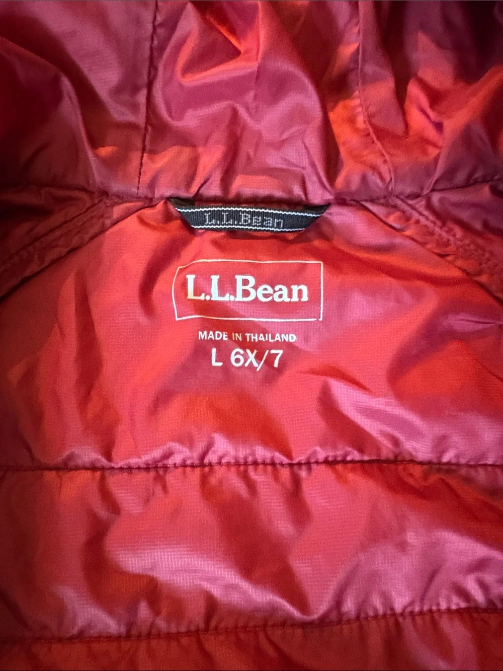 L.L. Bean Red Quilted Hooded Jacket with Navy and Burgundy Stripes